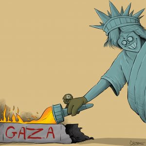 كاريكاتير يمني يلخص حقيقة الوجه القبيح لأمريكا وشعاراتها بصورة معبرة عن تمثال الحرية وغزة وكيان الاحتلال